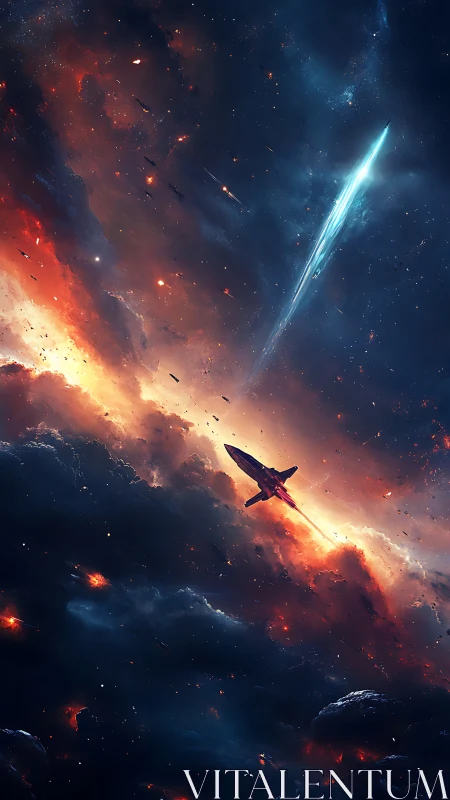 Starfighter intercepts luminous rift amid turbulent nebula clouds