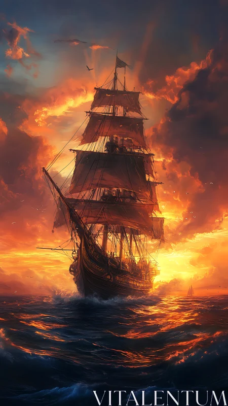 Tall ship blazing through sunset-lit stormy ocean waters.