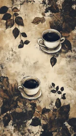 Two coffee cups on textured floral sepia background.