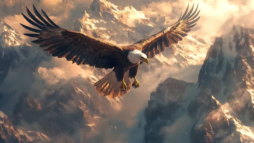 Majestic Bald Eagle Soaring Over Misty Mountain Peaks in Realistic Style.