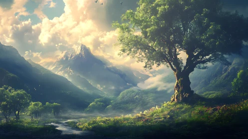 Mountain valley landscape with solitary foreground tree.