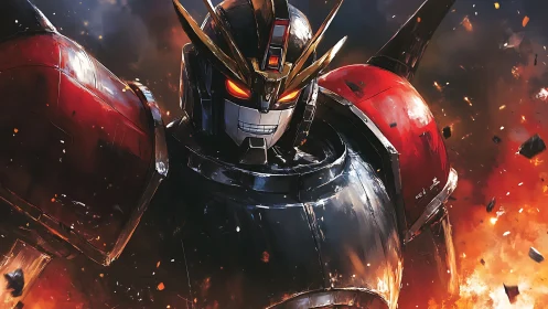 Battle-damaged mecha portrait with dynamic lighting and combustion