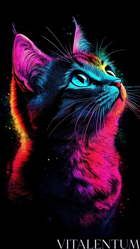 Neon starlight paints a curious cosmic cat in electric glow