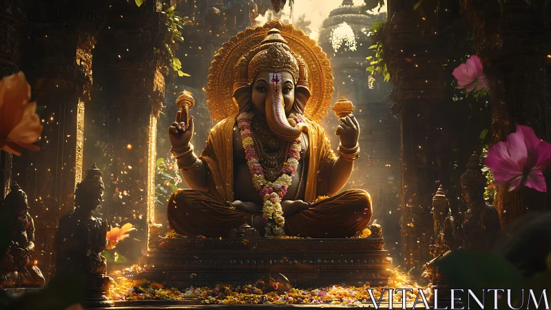 Golden Ganesha idol glows inside ornate temple sanctum