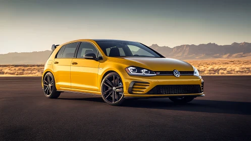 Yellow Volkswagen hatchback on open desert highway at dusk.