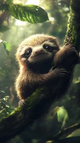 Young sloth clings to mossy branch in lush green jungle