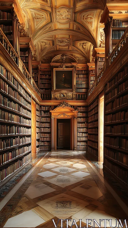 Baroque library aisle under ornate vaulted ceiling glow.