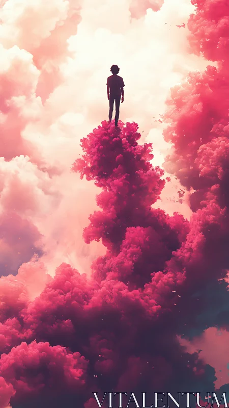Silhouette figure standing on tall pink cloud formation