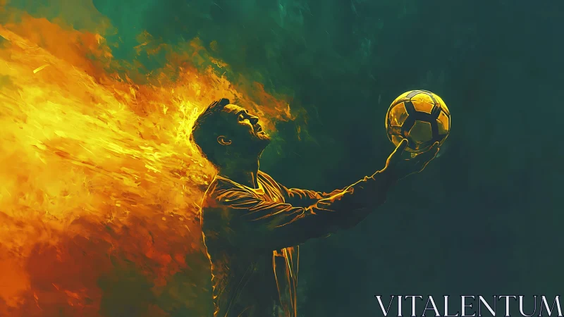 Flaming resolve crowns a lone footballer in glowing motion