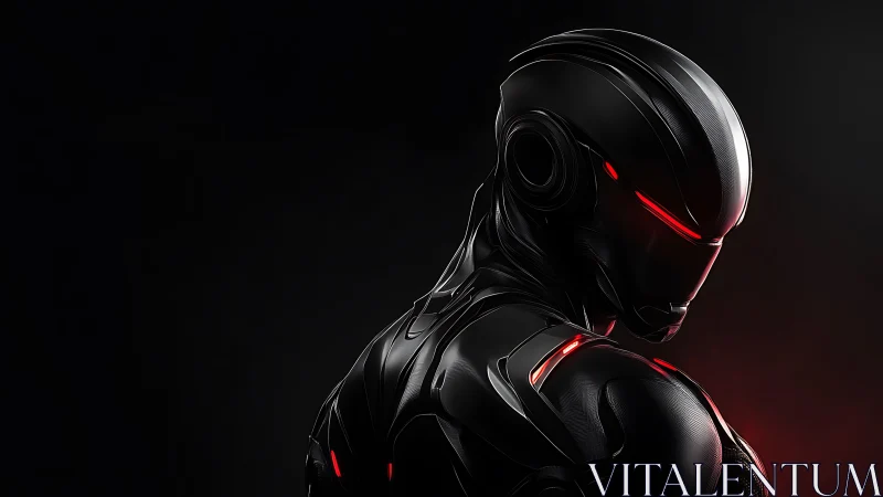 Futuristic combat android glares through shadows with red light