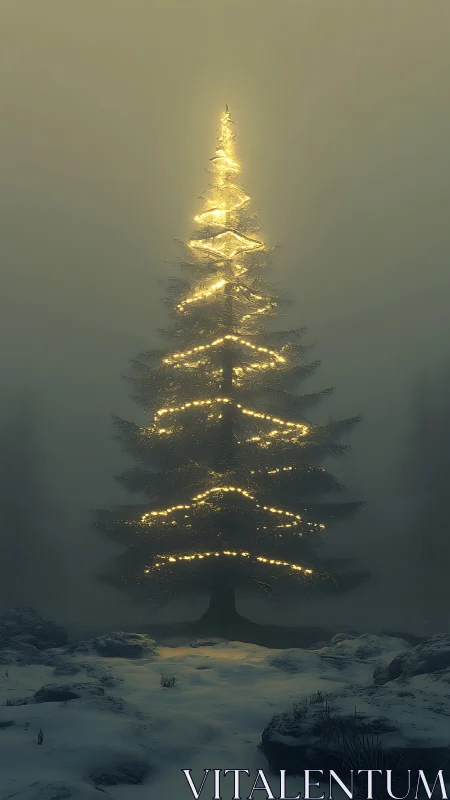 Solitary fir illuminated by warm lights in dense winter fog