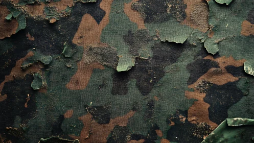 Weathered camouflage coating with peeling textured layers.