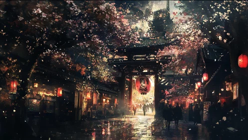 Rain-soaked shrine street under lantern-lit cherry blossom canopy