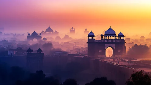 Sunrise mist bathes historic domes above an ancient cityscape.