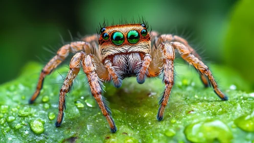 Jumping spider stares ahead with vivid emerald eyes.