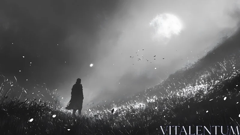 Monochrome wanderer in high-contrast lunar hillside field.