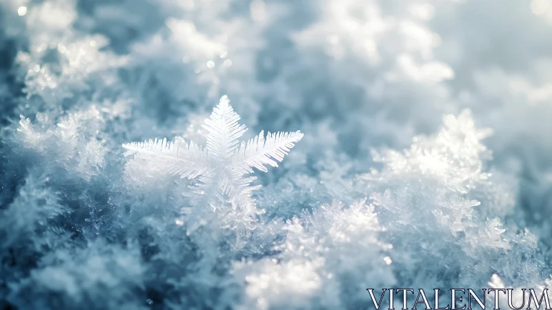 Macro snowflake detail over frosty crystalline snowfield.