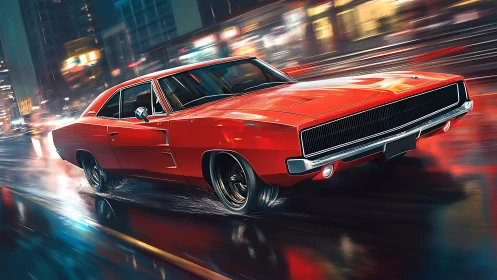 Digital painting of red muscle car on neon urban wet street.