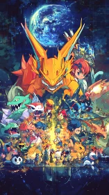 Blazing partner monsters rise together under a glowing world sky