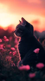 Black Cat Silhouette Against Fiery Sunset Sky.