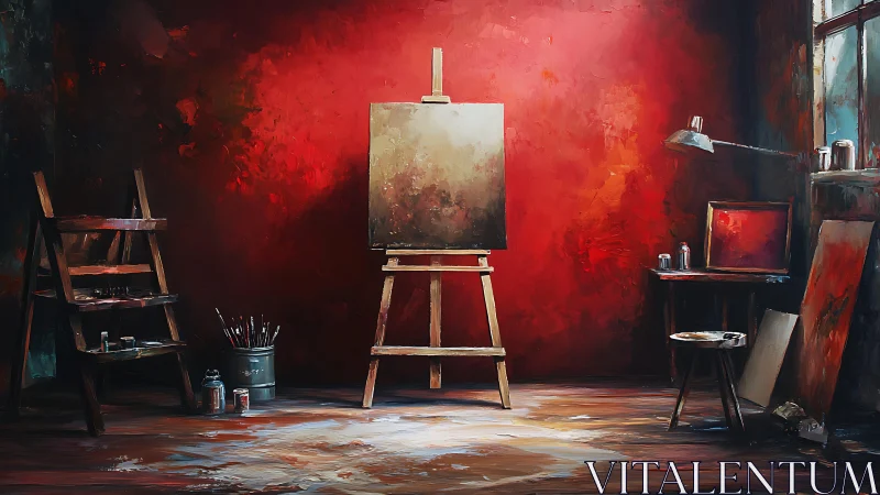 Chromatic painter&rsquo;s studio with central easel and red field wall.