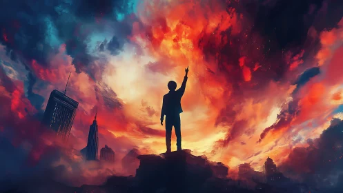 Silhouette on city rooftop under vivid burning sky.