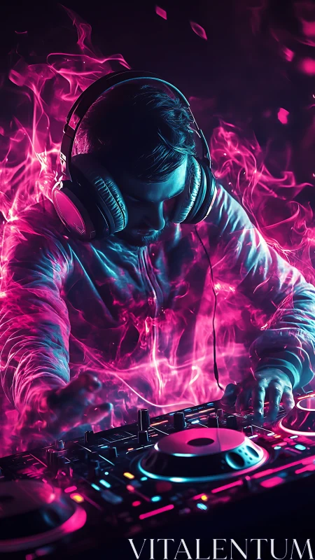 Neon DJ performance with magenta flame effects, vertical digital art.