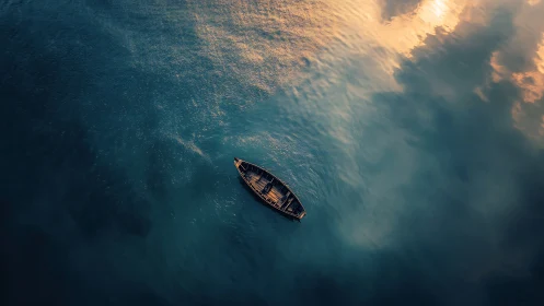 Solitary wooden rowboat on calm reflective open water.