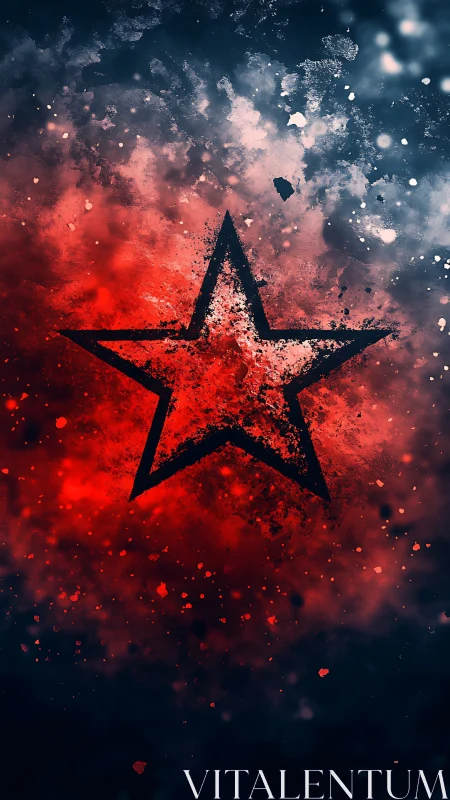 Explosive red star emblem amid dark cosmic splatter.