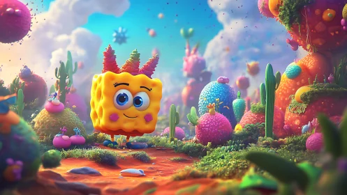Cheerful sponge friend exploring a dreamy candy-colored world.