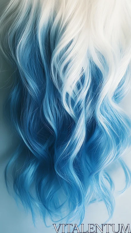 White to blue ombre wavy hair close-up on pale background.