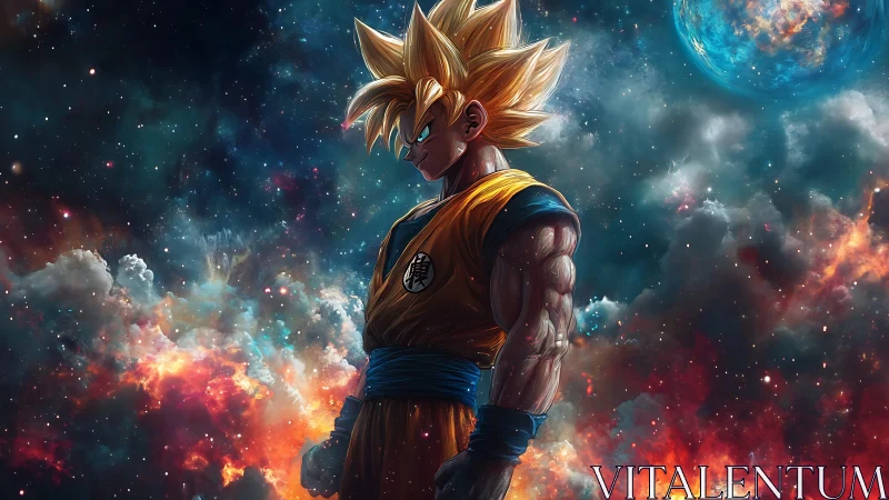 Saiyan warrior silhouette against blazing cosmic nebula.