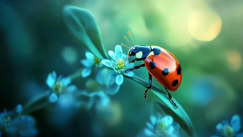 Ladybug pause on glowing blue blossoms at dawn.