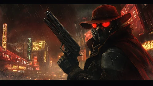 Masked cyber gunslinger in neon drenched dystopian alley.