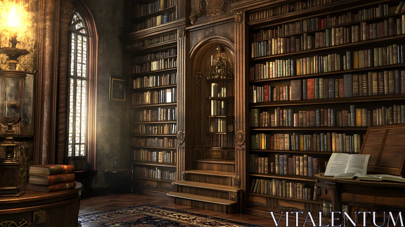 Historic wood paneled library interior with full bookshelves.