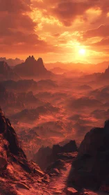 Sunlit red desert valley under glowing evening clouds.