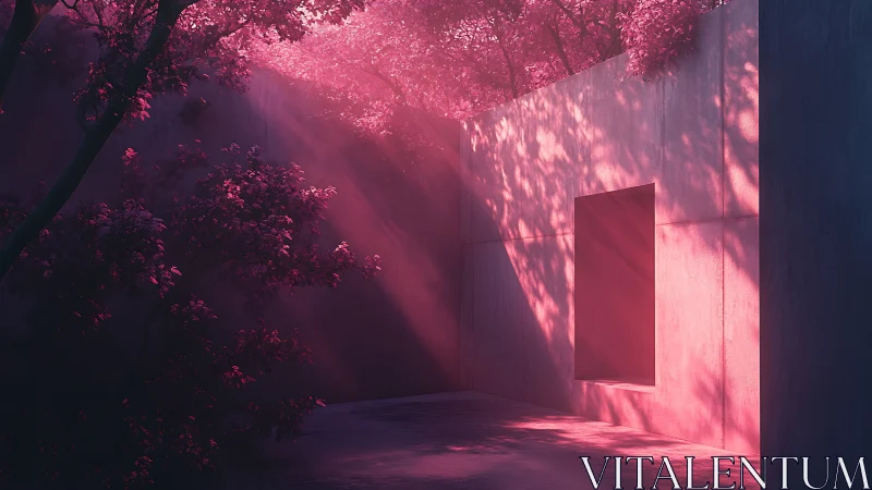 Rectangular concrete courtyard with magenta filtered sunlight.