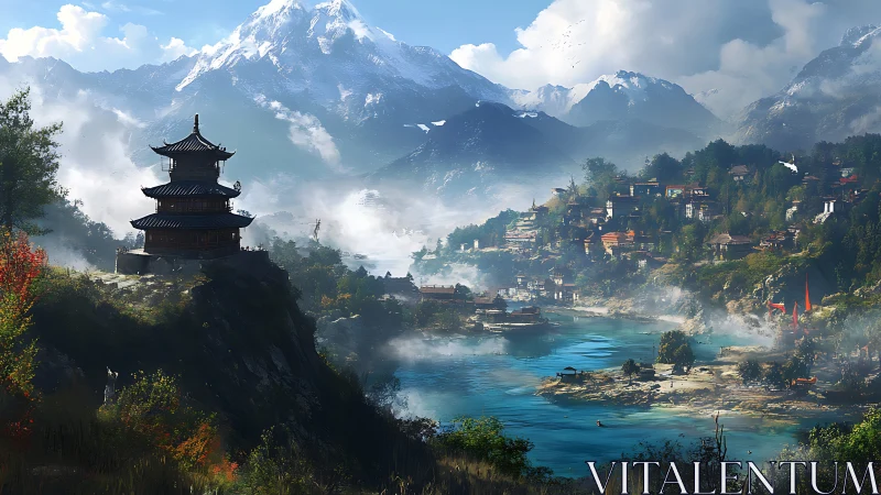 Misty pagoda above turquoise river and snow peaks.