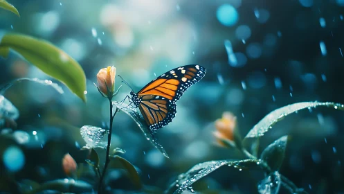 Monarch butterfly on dewy buds in cinematic rainlight.