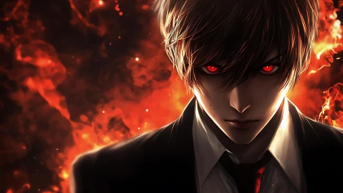 Infernal-eyed anime antihero emerging from blazing inferno.