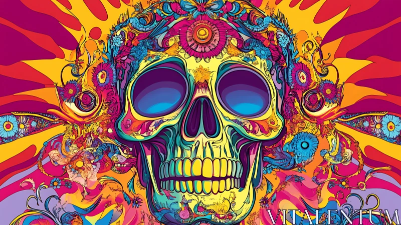Psychedelic skull illustration integrates floral vectors and neon gradients