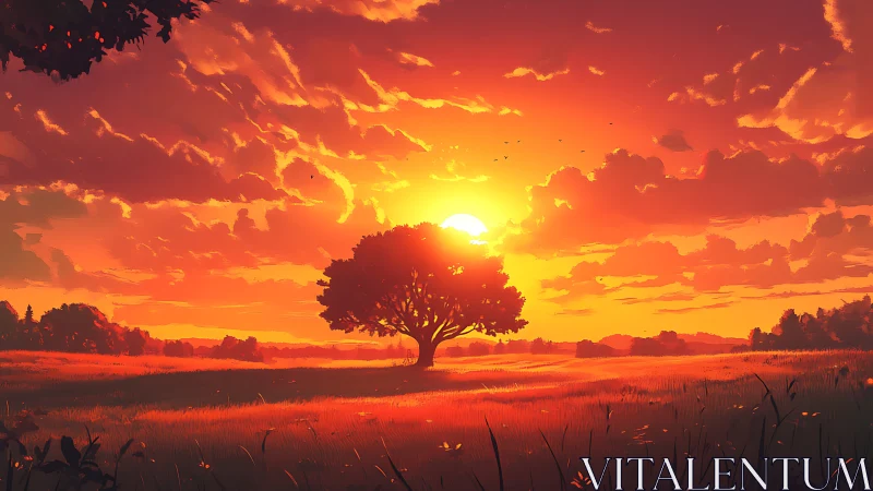 Lone meadow tree cradles a molten sunset in glowing silence