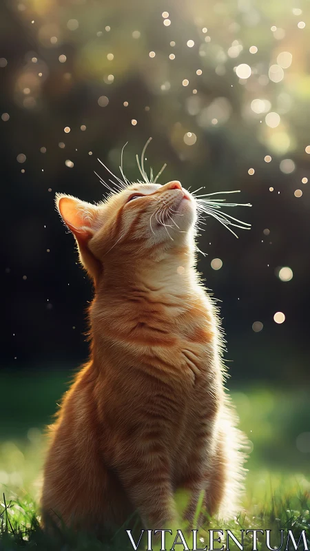 Orange tabby cat in backlit outdoor scene with bokeh.