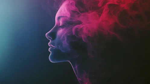 Profile outline of human face formed by colored smoke.