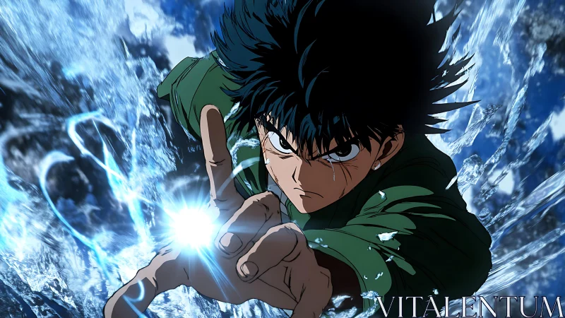 Male anime fighter generating focused blue energy blast.