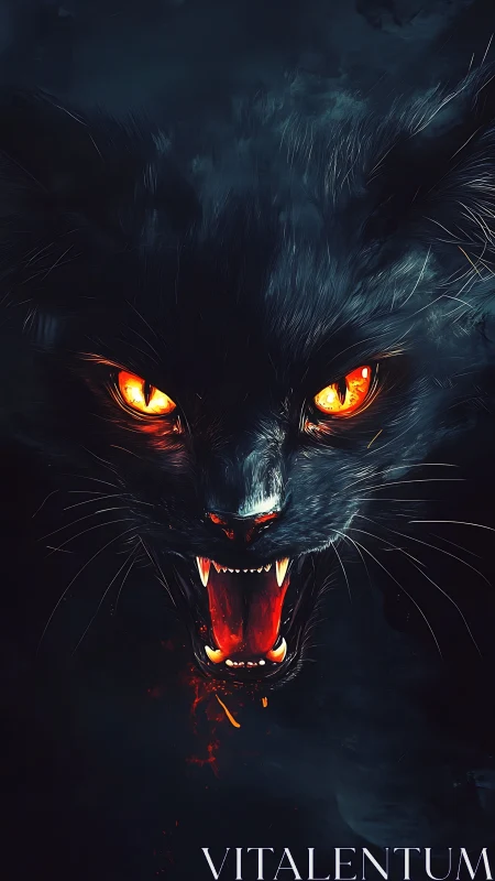 Snarling black cat with glowing orange eyes in darkness.