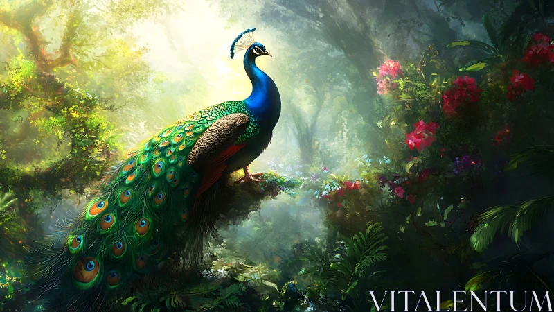 Radiant jungle peacock resting in sunlit, dreamlike garden.