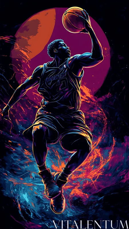 Neon gravity-breaker soaring through a cosmic hoops eclipse.