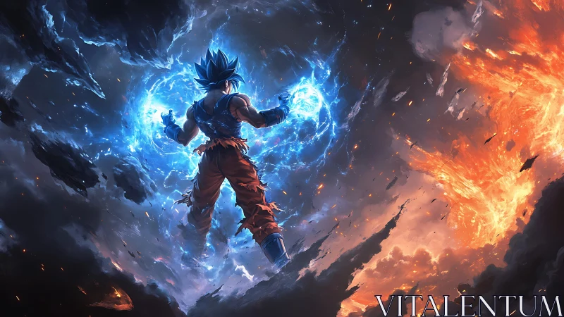 Energetic warrior channels dual-element vortex within storm sky