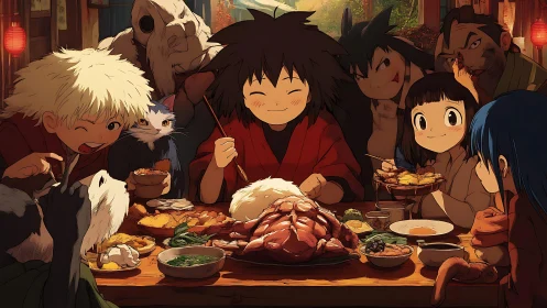 Anime friends share a festive feast at a cozy lantern-lit table.